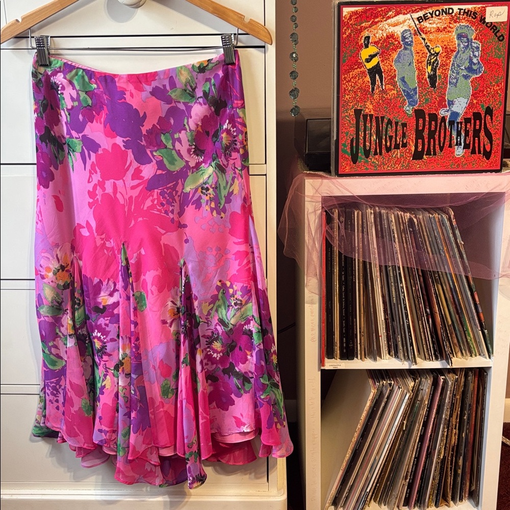 Vintage Y2K Hot Pink Floral Bias Asymmetrical Midi Skirt Cache Mermaid S Barbie